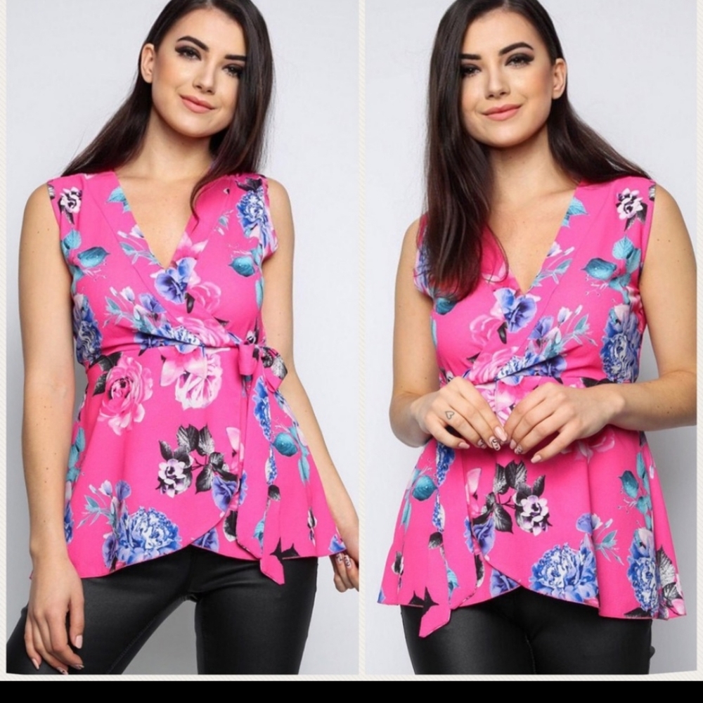 Bright Pink Floral Surplice Blouse